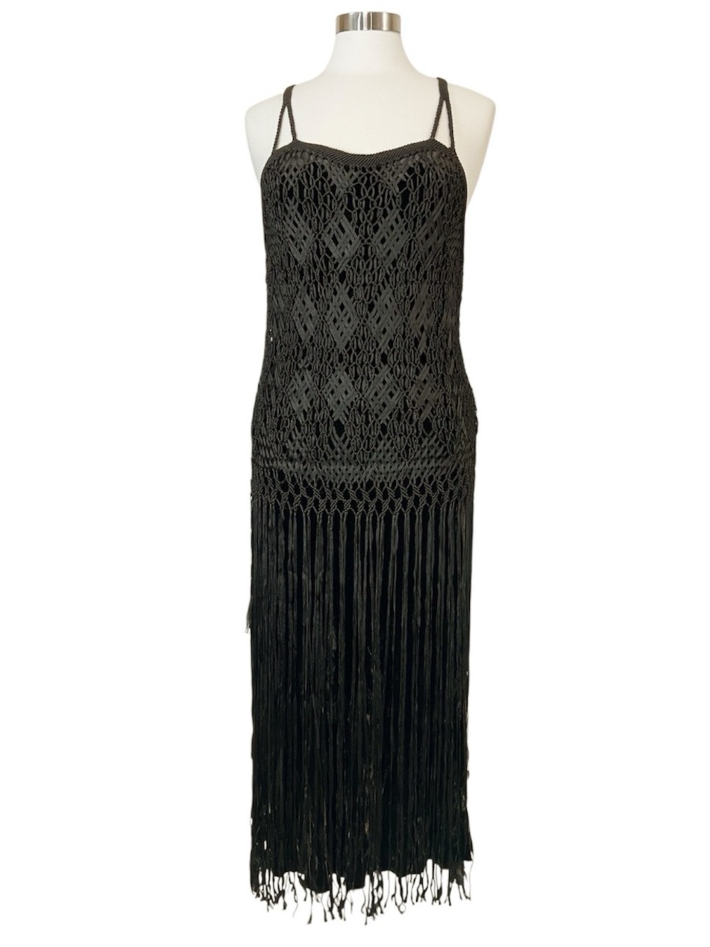 Boho Vintage 90s Crushed Velvet Midi Dress w/ Woven Fringe Overlay
Witchy Goth